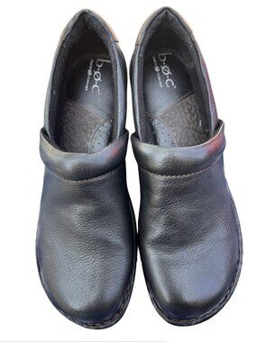 b.o.c. Peggy Size 10 Black Leather Slip On Wedge Clogs Comfort Work Shoes